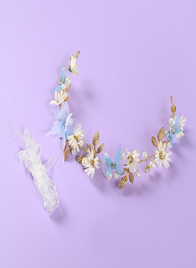 Vividsun Butterfly Headbands Flower Girl Hair Accessory with Pearls Butterfly Tiara for Christmas Birthday Cosplay Headpiece (Blue gold) - Image 2